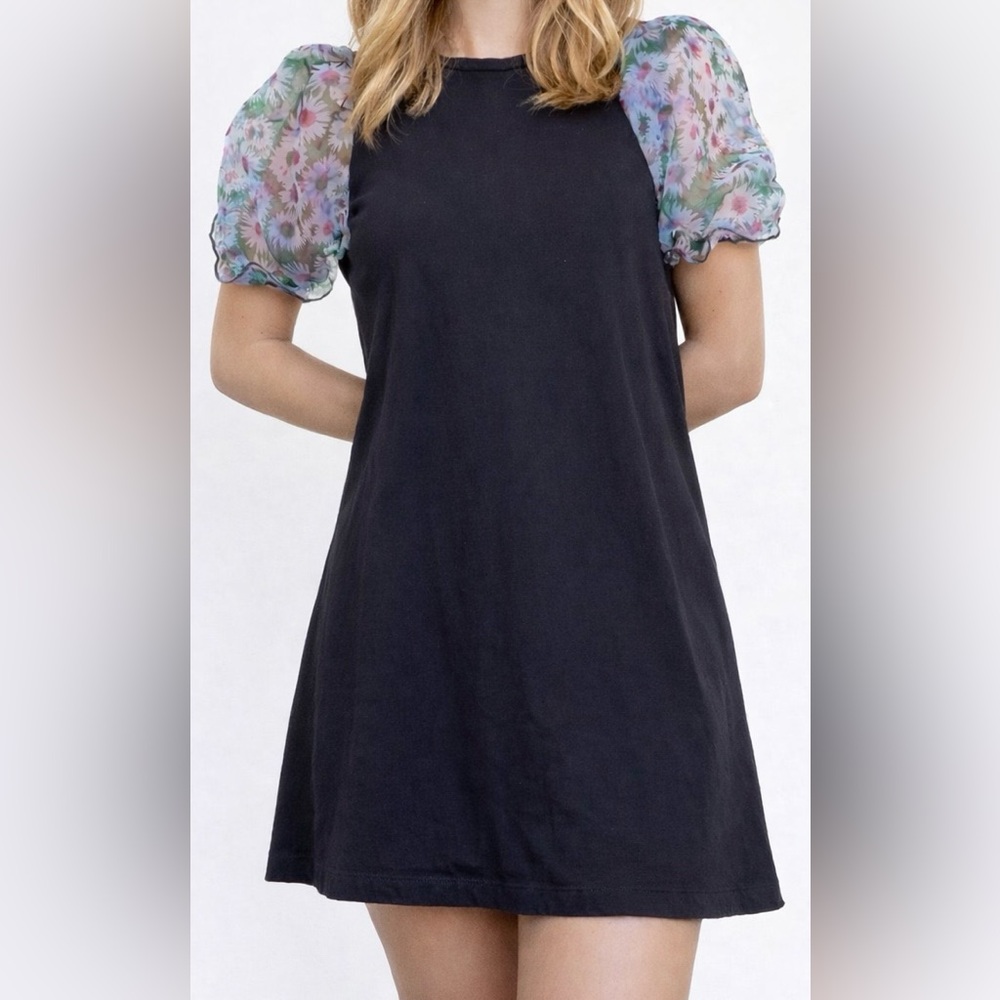 Forever 21 Black Dress with Floral Puff Sleeves